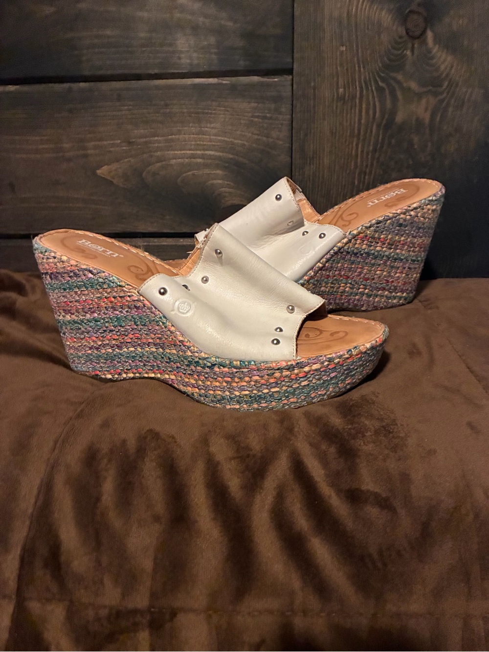 Born White Leather Multi-Color Wedge Slides, size 11, approximately 4.5 inch
